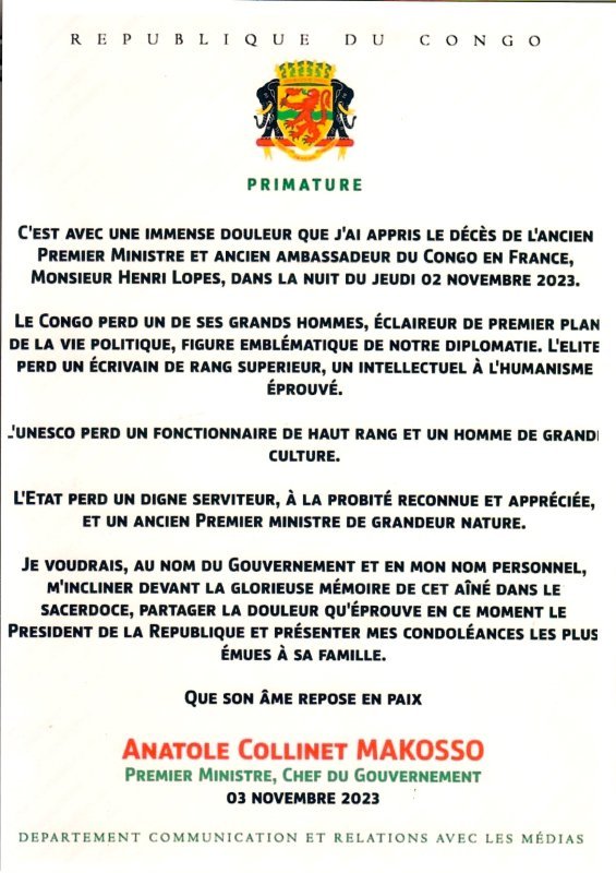 Décès de Henri Lopès: le premier ministre Anatole Collinet Makosso salue la glorieuse mémoire de son lointain prédécesseur